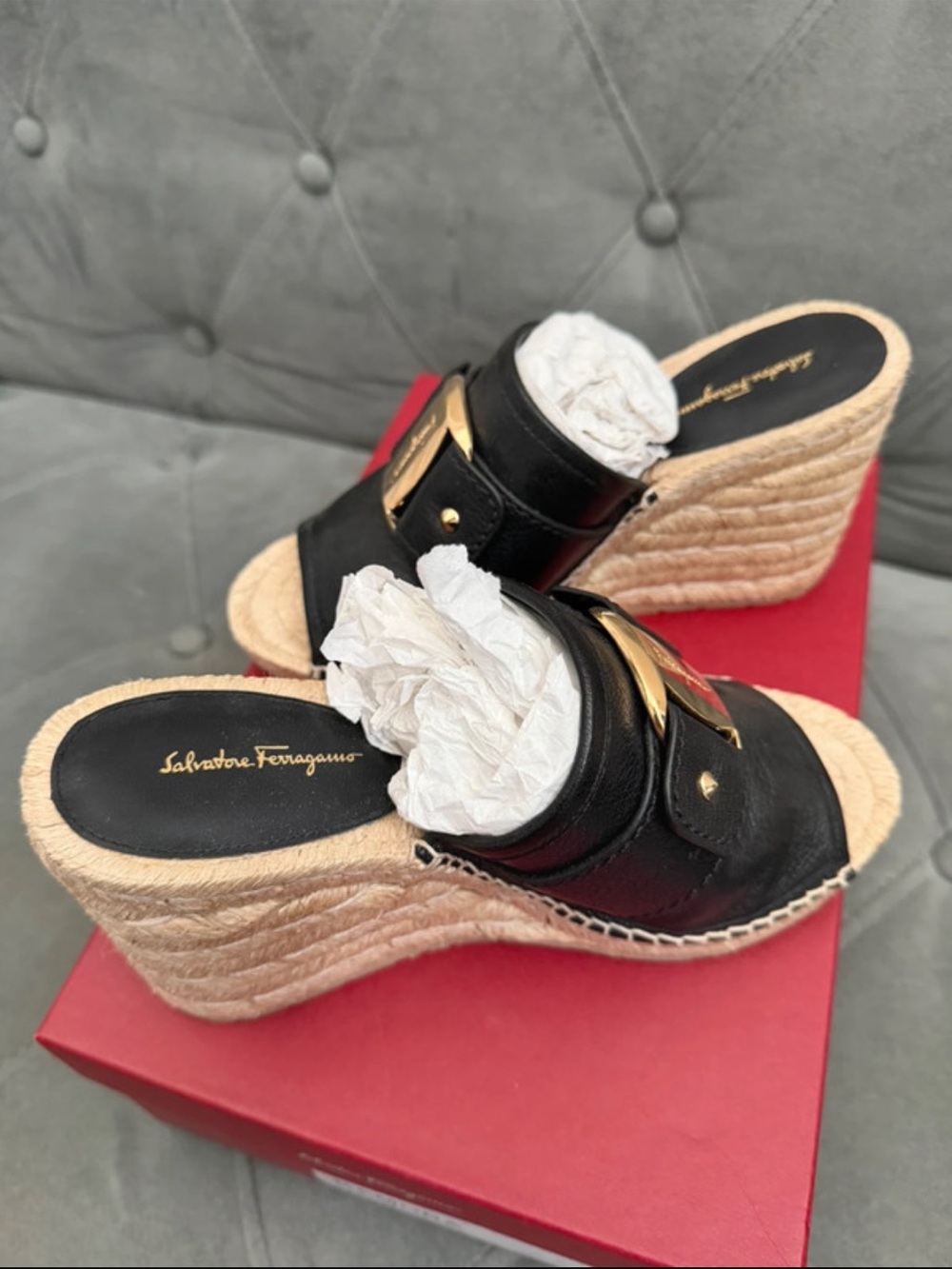 Salvatore Ferragamo Black Leather Espadrille Wedge Mule with Gold Hardware